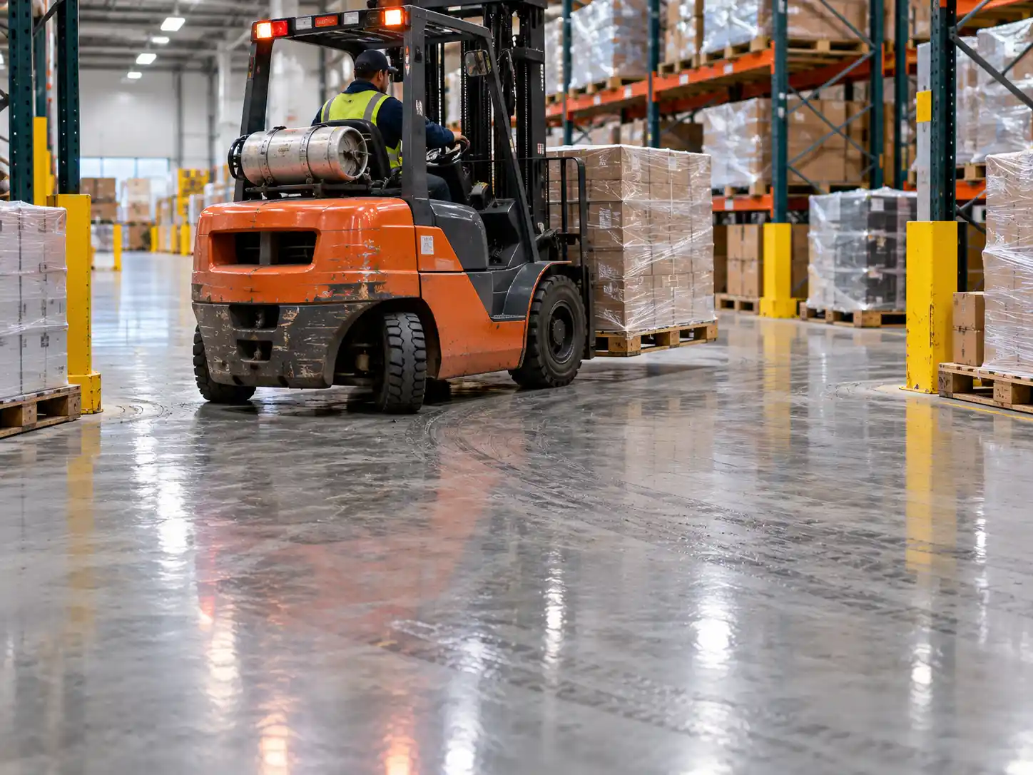 Forklift turning and floor wear