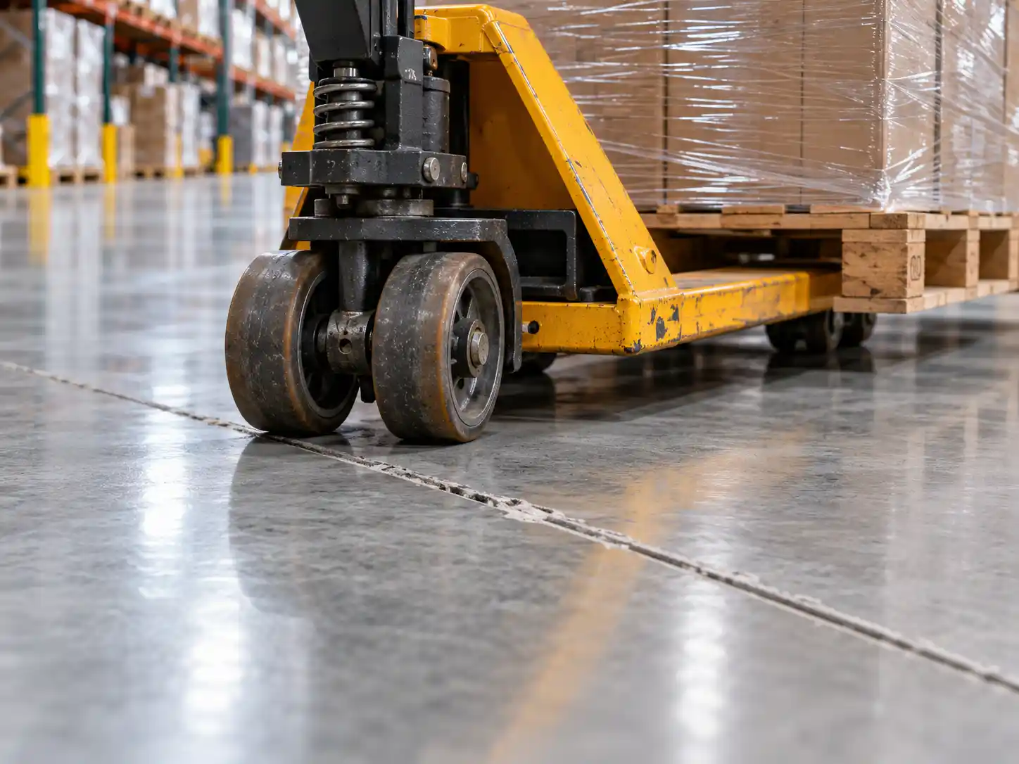 Pallet jack wheels and warehouse floor joints